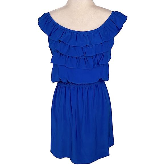 Amanda Uprichard 100% Silk Cobalt Blue Sleeveless Ruffle Party Mini Dress Medium - Picture 2 of 6